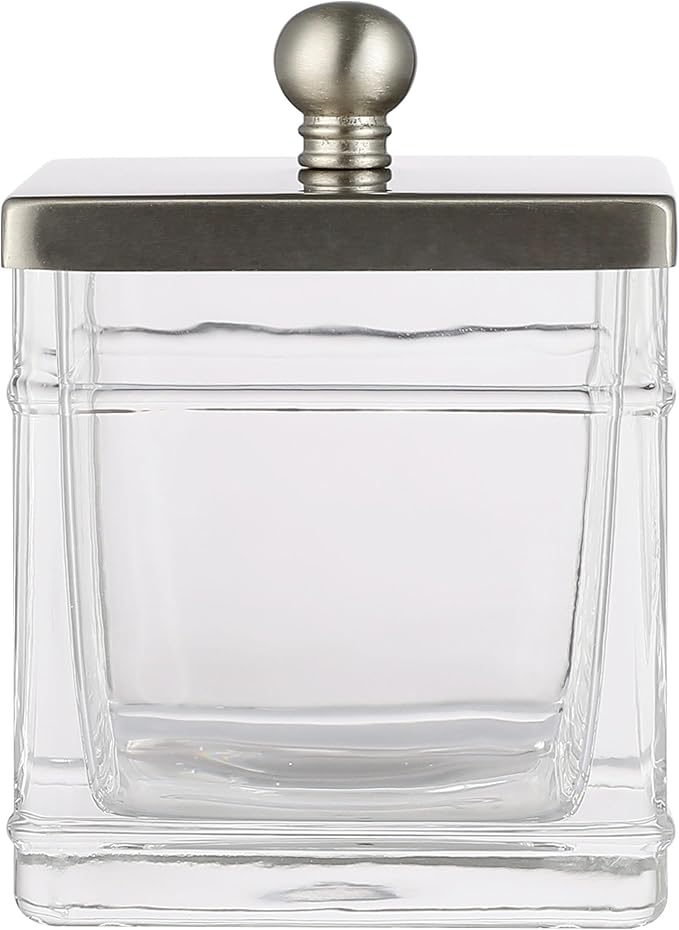 Indecor Home Apothecary Glass Cotton Jar Holder Brushed Nickel Stainless Steel Lid, Elegant Bathroom Storage Canister for Qtips, Cotton Balls, Floss, Makeup Organizer, Vanity Bathroom Organization
