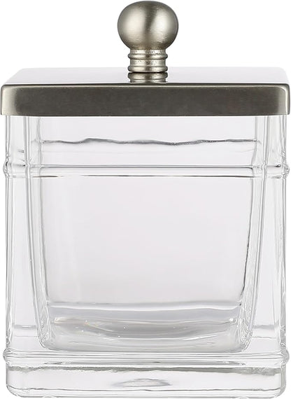 Indecor Home Apothecary Glass Cotton Jar Holder Brushed Nickel Stainless Steel Lid, Elegant Bathroom Storage Canister for Qtips, Cotton Balls, Floss, Makeup Organizer, Vanity Bathroom Organization