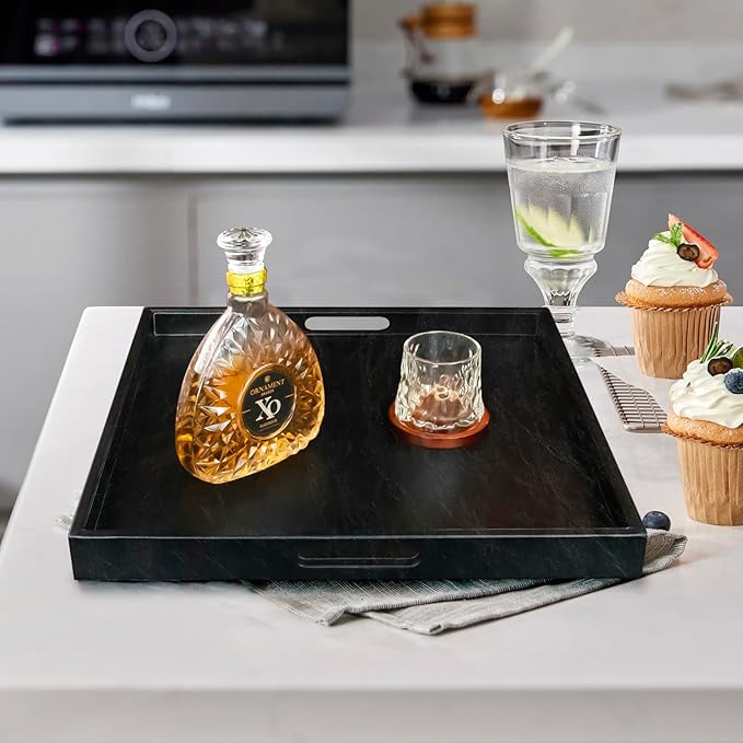 20 * 20 inches Leather Square Serving Tray with Hole Handles,High-End Light Large Service Tray for Ottoman Tray, Tea, Food, Butler - Countertop, Kitchen,Family Dinner, Picnic (Black)