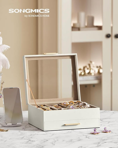 SONGMICS Jewelry Box Organizer with Glass Lid, 2-Layer Jewelry Storage, with 1 Drawer, Modern Style, 8 x 9.1 x 4.1 Inches, Cloud White and Gold Color UJBC174W01