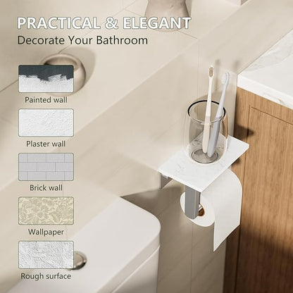Marble Toilet Paper Holder with Shelf, Evolvegoods Brushed Nickel Bathroom Toilet Paper Holder Wall Mount, 304 Stainless Steel Modern Toilet Paper Roll Holder Storage Tissue Holder