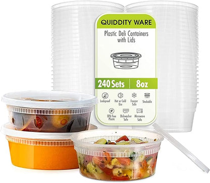 QUIDDITY WARE Deli Containers with Lids Leakproof - 240 Pack BPA-Free Plastic Microwaveable Clear Food Storage Container Premium Heavy-Duty Quality, Freezer & Dishwasher Safe (8oz 240 Sets)