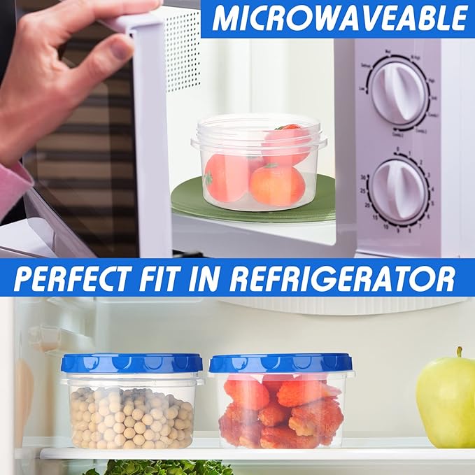 Sieral 36 Pack 8 oz Freezer Containers with Lids Reusable Deli Freezer Storage Containers Stackable Plastic Thick Twist Top Jars for Takeout Food Round Wide Mouth Lunch Snack (Blue)