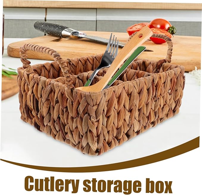Woven Storage Basket for Tableware Divided Hyacinth Cutlery Organizer Practical Silverware Basket for Kitchen and Dining Natural Material Rustic Home Decor
