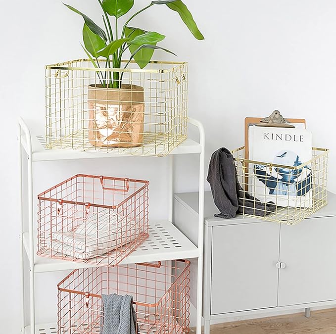 Set of 3 Nested Wire Basket Trays for Storage and Organizing (Gold)