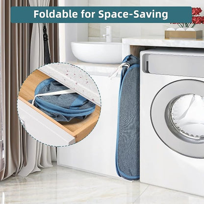 2 Pcs Collapsible Laundry Baskets, Tear Proof Pop Up Laundry Hamper with Dual Handles, Durable Foldable Laundry Basket, Easy to Carry Laundry Hamper for Home, Laundry Room, Bedroom, Dorm, Travel Blue