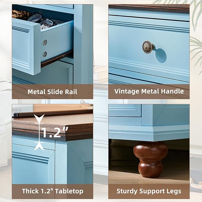 Joaxswe Farmhouse Nightstand with Charging Station, 24" Wide End Table with 3 Drawers,Light Blue Wood Dresser for Bedroom, Bed Side Table Chest of Drawers Cabinet,Night Stand for Living Room, Closet