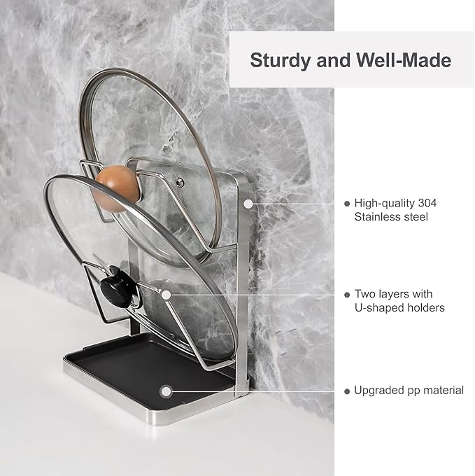 XCCK 304 Stainless Steel Pot Lid Holder While Cooking, Kitchen Pot Lid Storage Rack for stove top, Multifunctional Kitchen Pot Lid Organizer for Countertop（Silver）
