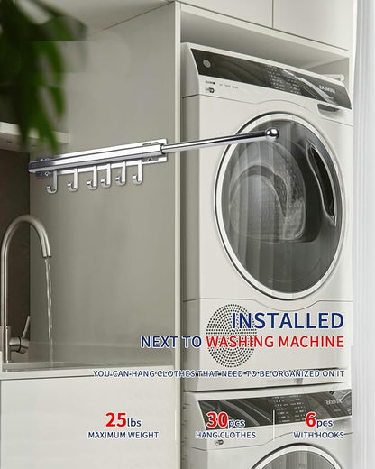 BaiNong 16.5 inch Valet Rod for Closets Pull Out Closet Valet Rod Slide Out Extra Long Silvery Valet Rods for Closets With 6 Hooks