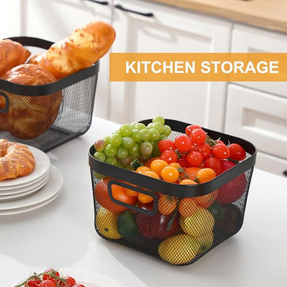 1 Pack Metal Mesh Basket with Hollow Handles Black Wire Storage Bin for Organizing Stackable Metal Fine Mesh Basket for Pantry Bathroom Kitchen Cabinets Shelves (Medium)