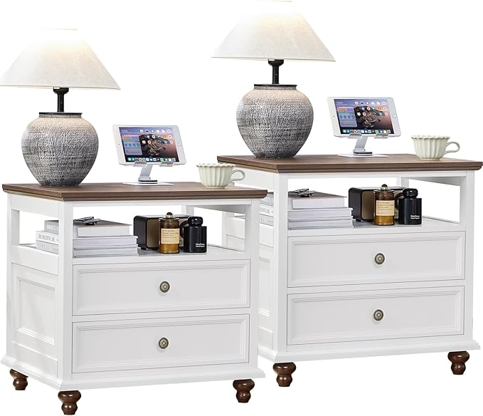 Joaxswe 24" Wide Farmhouse Night Stand Set of 2,Large End Table with 2 Drawers & Metal Handle,White Wood Dresser for Bedroom, Bed Side Table Chest of Drawers Cabinet, Nightstand for Living Room,Closet