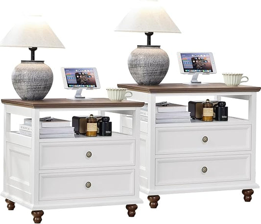 Joaxswe 24" Wide Farmhouse Night Stand Set of 2,Large End Table with 2 Drawers & Metal Handle,White Wood Dresser for Bedroom, Bed Side Table Chest of Drawers Cabinet, Nightstand for Living Room,Closet