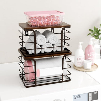 2 Pack Extra Large Pantry Baskets with Bamboo Top,Stainless Steel Trash Bag Dispenser for Kitchen Sink and Laundry Room Organization,Brown