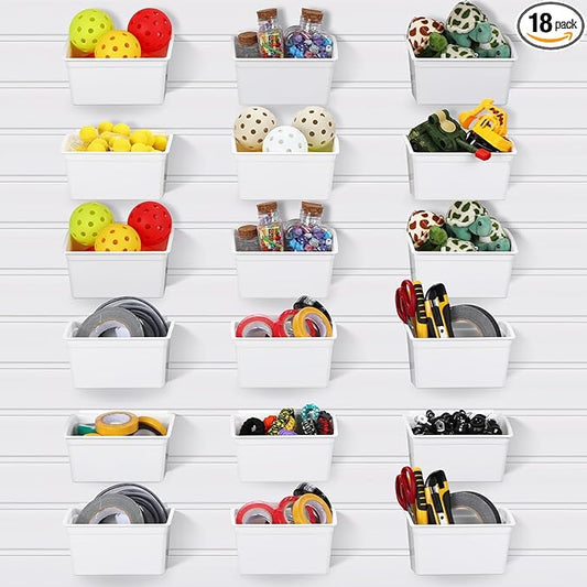 Unittype 18 Pcs Slat Wall Bins Slat Wall Accessories Storage Bins Plastic Containers Organizer for Garage Craft Room Tool Shed Workshop(White)