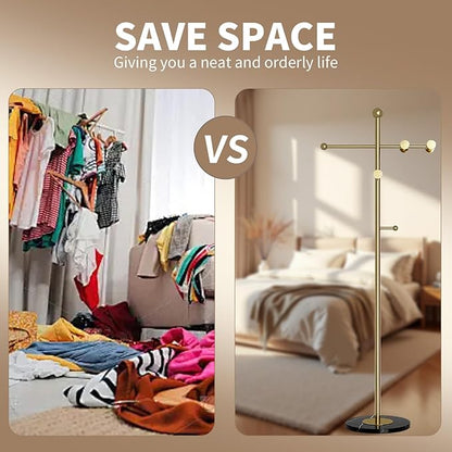 Modern Metal Coat Rack Stand, Heavy Duty T-shaped Coat Rack Freestanding with Natural Marble Base, 8 Hooks, Ideal for Bedroom, Entryway, Hallway, Office, Gifts for Women, for Mom, for Men (Gold)