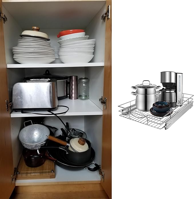 Pull Out Cabinet Organizer 11" W x 21" D, Heavy Duty Kitchen Cabinet Pull Out Shelves, Slide Out Wire Basket for Kitchen Cabinets, Bathroom, Pantry, Chrome Finish