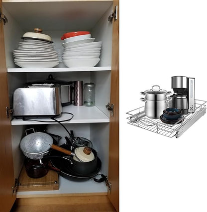 Pull Out Cabinet Organizer 11" W x 21" D, Heavy Duty Kitchen Cabinet Pull Out Shelves, Slide Out Wire Basket for Kitchen Cabinets, Bathroom, Pantry, Chrome Finish