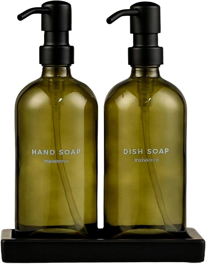 Maisonovo Kitchen Soap Dispenser Set | Hand and Dish Soap Dispenser Set with Handmade Ceramic Vanity Tray and 16 Waterproof Labels | Green Glass Bottles & Black Pumps