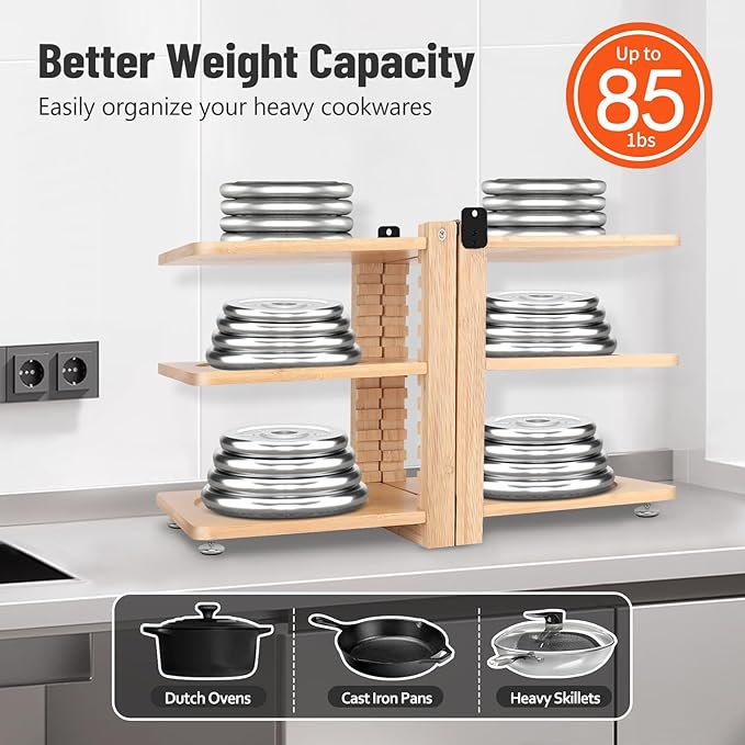 Meecoo Spring 6 Tier Pot Organizer Collapsible with 3 DIY Methods, Adjustable Pots and Pans Organizer Under Cabinet, Heavy Duty Pot Rack Inside Cabinet, Pot Holders Rack for Kitchen