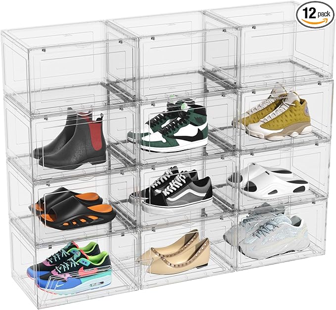 Haodehen 12 Packs Large Plastic Clear Shoe Boxes with Magnetic Door, Acrylic Display Case, Stackable Shoe Storage Organizer Container for Boot Sneaker