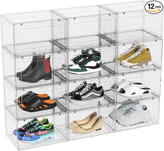 Haodehen 12 Packs Large Plastic Clear Shoe Boxes with Magnetic Door, Acrylic Display Case, Stackable Shoe Storage Organizer Container for Boot Sneaker