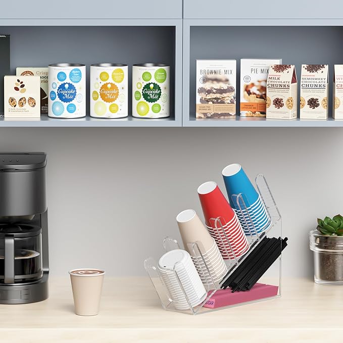 WINFFOR 4-Compartment Disposable Cup Holder - Cup and Lid Holder with Straw Organizer Clear Acrylic Cup Dispenser with Coffee Pod Storage for Coffee Station Bar Countertop Restaurant Breakroom