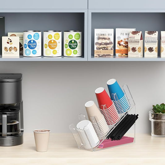 WINFFOR 4-Compartment Disposable Cup Holder - Cup and Lid Holder with Straw Organizer Clear Acrylic Cup Dispenser with Coffee Pod Storage for Coffee Station Bar Countertop Restaurant Breakroom