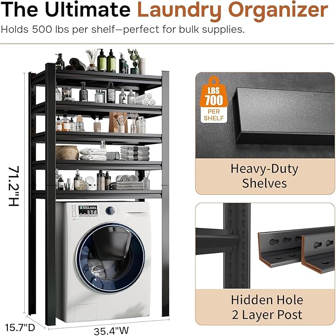 Laundry Room Storage Organizer, Over The Washer and Dryer Storage Shelves for Laundry Organization, 35.4" W x 15.7" D x 71.2" H, Suit Washing Machine Width Within 35.4", Hold 500 lb, Black