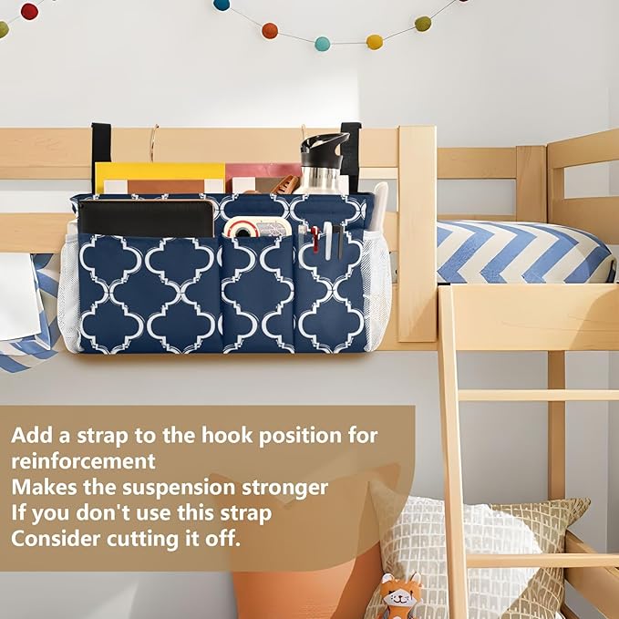 CuwrYet Bedside Caddy Hanging Bunk Bed Caddy Bed Organizer Hanging Pocket with 2 Hooks Bedside Storage Organizer Pocket Bag Holder Navy Blue Geometric Quatrefoil