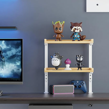 Clamp On Desk Shelf 2-Tier, 12.5 inch Wood Shelving Unit for Office Desk/Gaming Accessories, Tabletop Book Storage Rack, Shelf for Top & Under of Desk, Natural