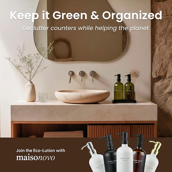 Maisonovo Kitchen Soap Dispenser Set | Hand and Dish Soap Dispenser Set with Handmade Ceramic Vanity Tray and 16 Waterproof Labels | Green Glass Bottles & Black Pumps