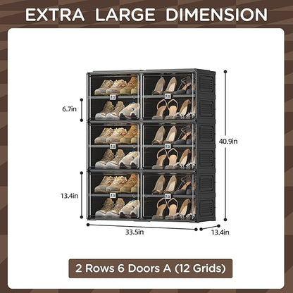 Vipbox Black Shoe Rack Organizer Cabinet for Closet Entryway,Clear Shoe Storage Boxes Stackable Sneaker Storage with Door Easy Assembly Shoe Cabinet with Lids Large 6 Tiers 24 Pairs