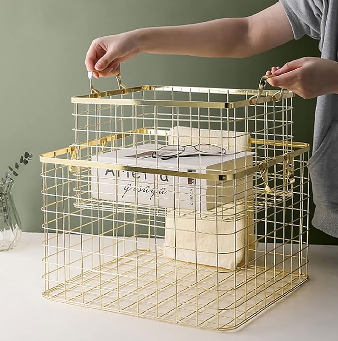 Set of 3 Nested Wire Basket Trays for Storage and Organizing (Gold)