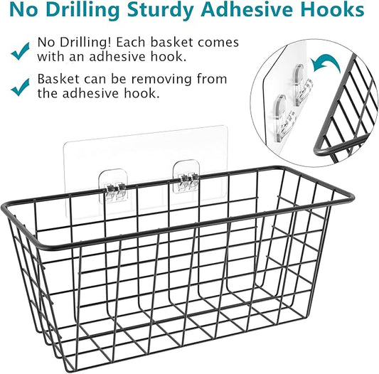 MaraFansie Over the Cabinet Door Organizer Wall Wire Baskets Hanging Kitchen Basket Shelf for Cabinet & Pantry Organization and Kitchen, Bathroom, Bedroom Storage, with Adhesive, Black, 3 Pack