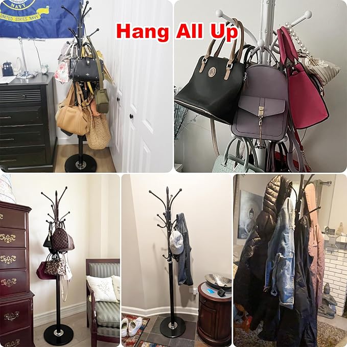 Kertnic Metal Coat Rack Stand with Natural Marble Base, Free Standing Hall Tree with 12 Hooks for Hanging Scarf, Bag, Jacket, Home Entry-way Hat Hanger Organizer (White)