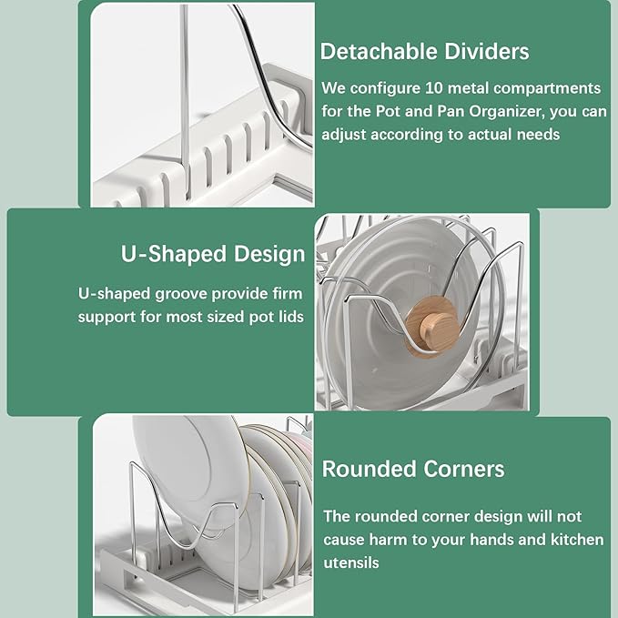 KXSGKRR Pot and Pan Organizer, Expandable Pots and Pans Organizer Under Cabinet, Pot Lid Holder with 10 Adjustable Compartment for Bakeware, Cutting Boards, Lid, Dishes, Cookware (1 Pcs)