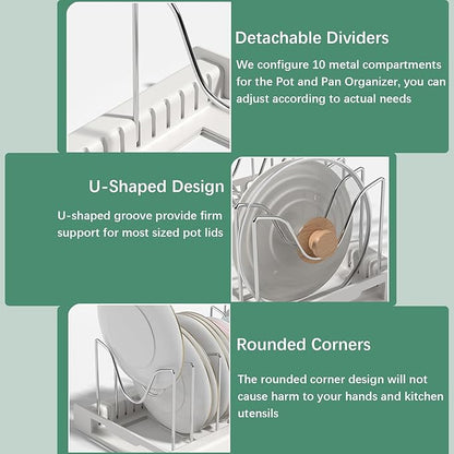 KXSGKRR Pot and Pan Organizer, Expandable Pots and Pans Organizer Under Cabinet, Pot Lid Holder with 10 Adjustable Compartment for Bakeware, Cutting Boards, Lid, Dishes, Cookware (1 Pcs)