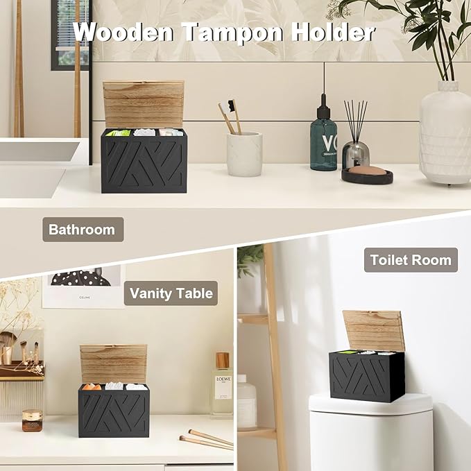 2Pcs Tampon Holder for Bathroom Decor, Feminine Product Organizer, Shark Week Tampon Storage with Lid, Wood Pad Box for Toilet, Lady Girl Stuff Organizer Case Bathroom Accessories- Black