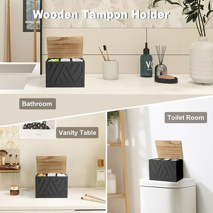 2Pcs Tampon Holder for Bathroom Decor, Feminine Product Organizer, Shark Week Tampon Storage with Lid, Wood Pad Box for Toilet, Lady Girl Stuff Organizer Case Bathroom Accessories- Black