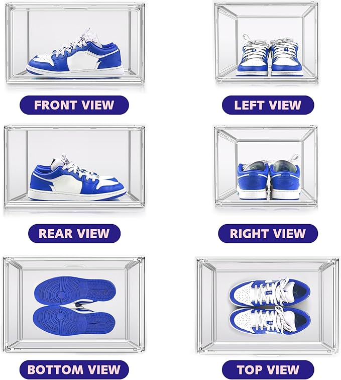 EDS FAM 12 Pack Acrylic Shoe Large Storage Box with Magnetic Door Size 13 Clear Stackable Shoe Organizer for Closet Space Saving Shoe Cabinet Sneaker Display Case