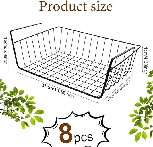 8 Pcs Under Shelf Basket, Hanging Under Cabinet Wire Storage Rack Slides Under Wire Shelves for Counter Pantry Desk Bookshelf,Black