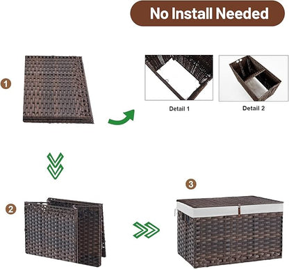 180L Wicker Storage Basket with Lid, Handwoven Rattan Large Shelf Basket with Removable Liner, 47.6 Gallon Wicker Basket for Blanket, Storage Trunk with Handle for Closet, Bedroom, Livingroom, Brown
