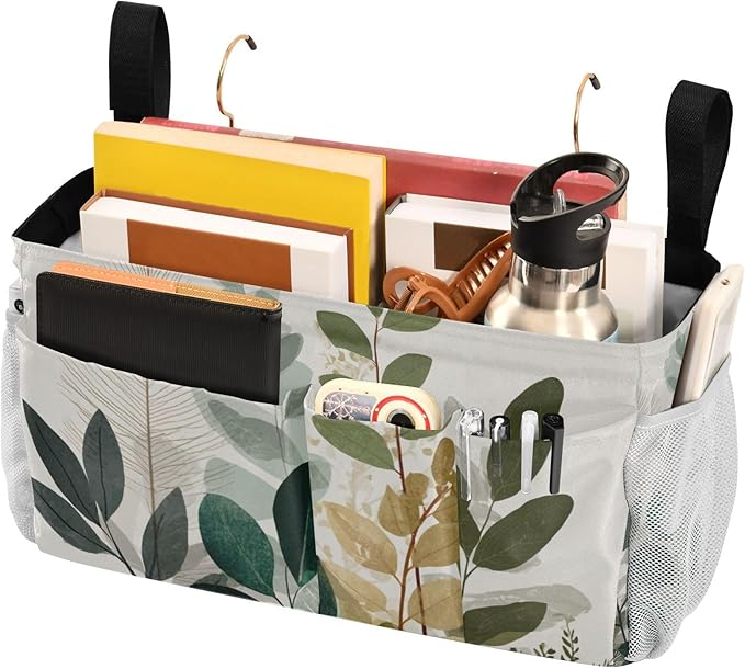 CuwrYet Bedside Caddy Hanging Bunk Bed Caddy Bed Organizer Hanging Pocket with 2 Hooks Bedside Storage Organizer Pocket Bag Holder Beige Boho Style Leaves