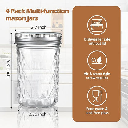 12 oz/350 ml Clear Glass Storage Canister with Airtight Lid, 4 Pack Cute Decorative Mason Container Jar for Salad, Overnight Oats, Snacks, Yogurt, Cereal, Fruit, Spice, Sugar, Coffee