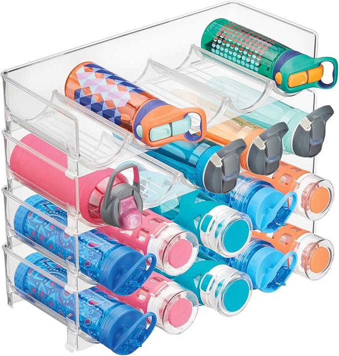mDesign Plastic Free-Standing Water Bottle and Wine Rack Storage Organizer for Kitchen Countertops, Table Top, Pantry, Fridge - Stackable - Holds 5 Bottles Each, 4 Pack - Clear