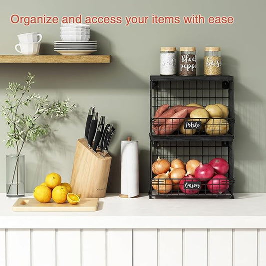 Black Kitchen Wall Hanging Storage Basket Set of 2, Rustic Stackable Kitchen Counter Fruit Organizer, Wire Baskets Container for Veggie, Garlic, Produce, Onion and Potato (Black Shelf)