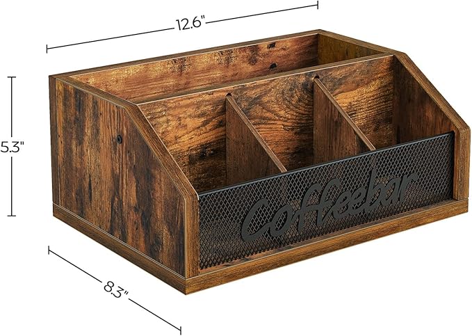 Coffee Pod Organizer, Wooden Coffee Bar Organizer for Countertop, Versatile Pod Holder with Dividers, Holds Syrup, Cups, Tea Bags, Easy Assembly, Rustic Brown KH11BR