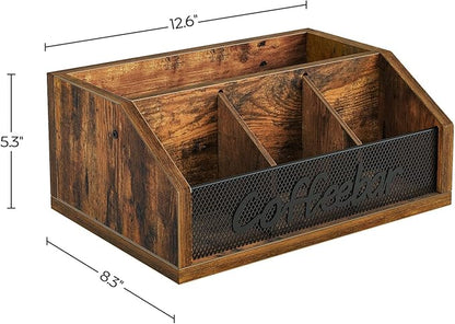Coffee Pod Organizer, Wooden Coffee Bar Organizer for Countertop, Versatile Pod Holder with Dividers, Holds Syrup, Cups, Tea Bags, Easy Assembly, Rustic Brown KH11BR
