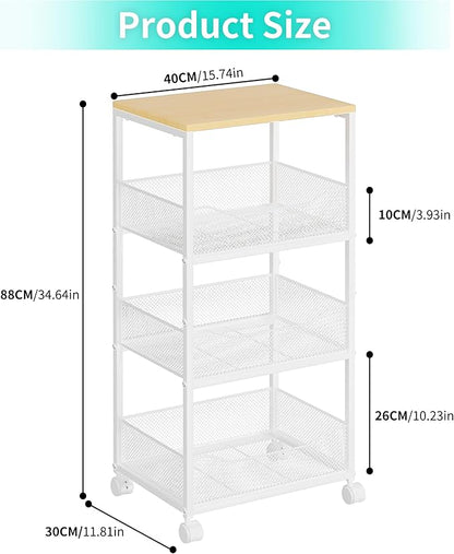 HapiRm Fruit Basket Kitchen Cart - 4-Tier Rolling Storage Cart with Wheels, Wood Top Utility Pantry Cart for Vegetables, Potatoes, Onions, Bread, Snacks