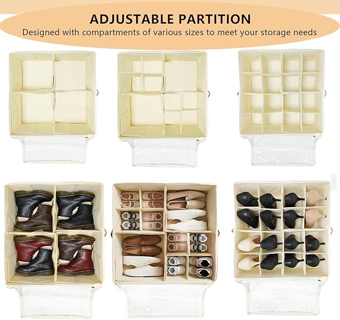 SEIUGDEF Shoe Organizer for Closet with Adjustable Dividers & Clear Cover - Fits up to 16 Pairs, Foldable Storage Box (Beige)